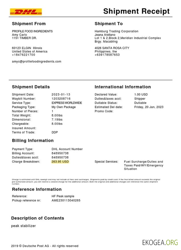 Récépissé d'expédition du service DHL